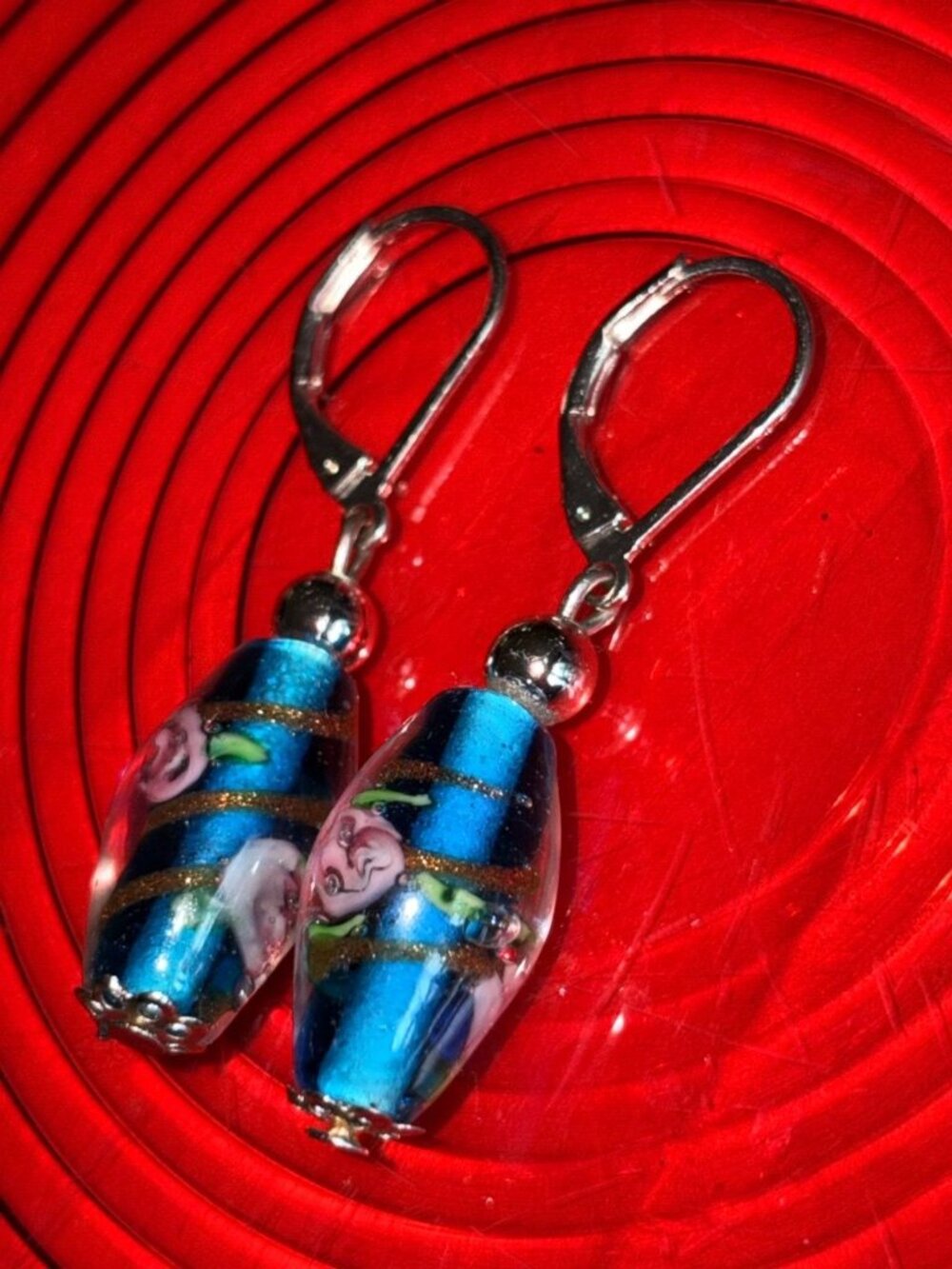 Venetian Murano Style Lampwork Glass Rose Teardrop Earrings